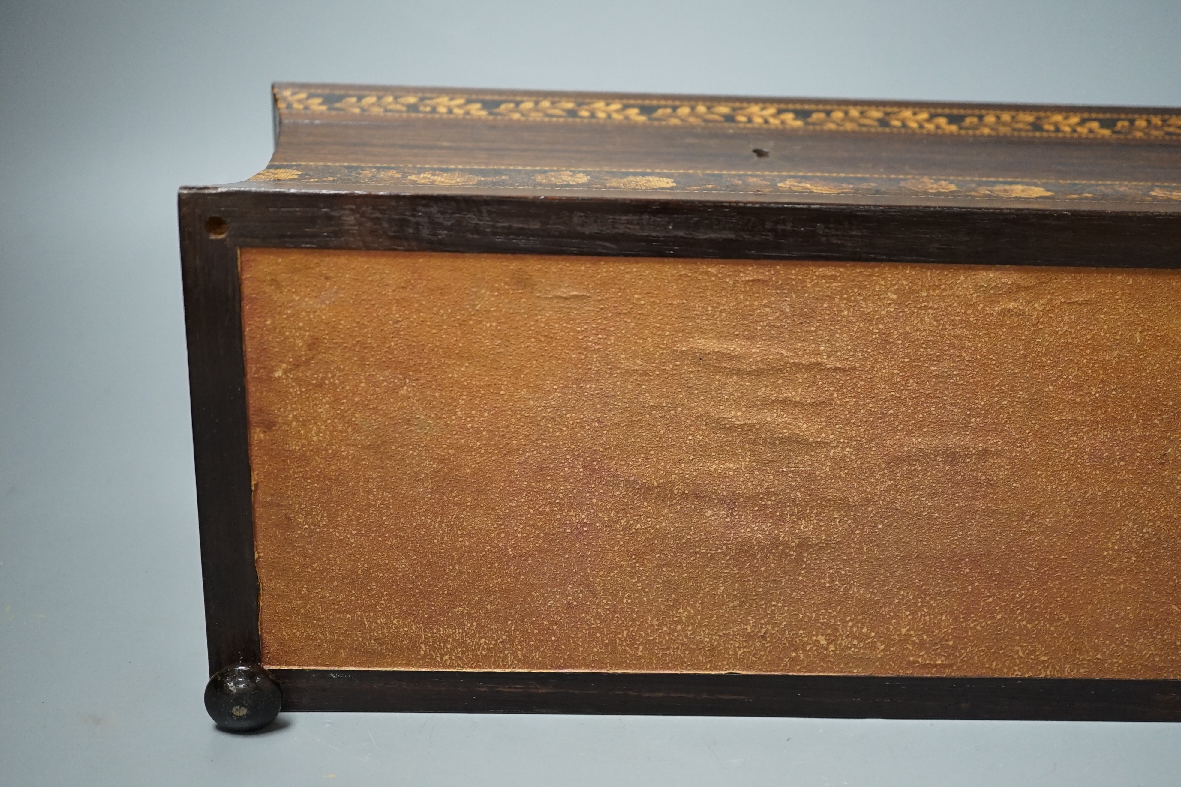 A late 19th century Tunbridge ware tea caddy depicting Eridge Castle, 31cm wide